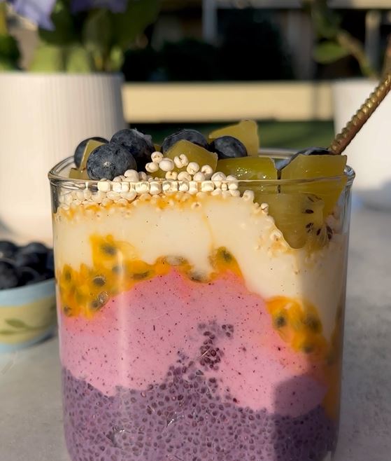 Layered wild blueberry chia pudding