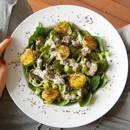 Broccoli salad with tamari and dulse flake dressing