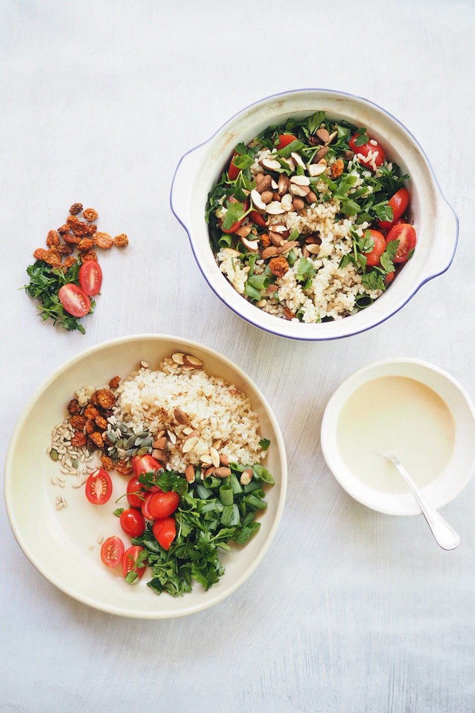 Brown Rice Salad with Herbs, Toasted Almonds and Goldenberries + a Lemon Tahini Dressing