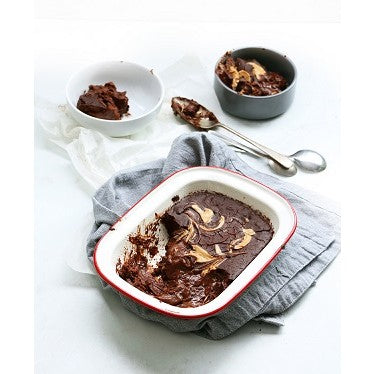 Vegan one-pan chocolate pudding cake with peanut butter swirl